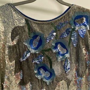 Vintage 70s party top - sequin silver and floral blues
